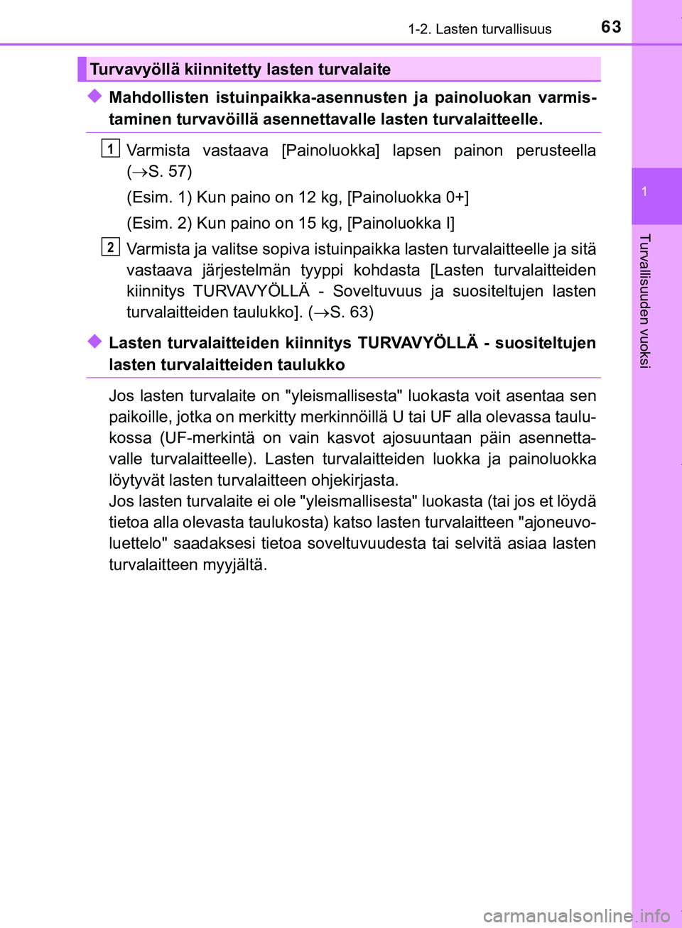 TOYOTA C-HR 2018  Omistajan Käsikirja (in Finnish) 631-2. Lasten turvallisuus
1
Turvallisuuden vuoksi
C-HR_HV_OM_Europe_OM10576FI
uMahdollisten istuinpaikka-asennusten ja painoluokan varmis-
taminen turvavöillä asennettavalle lasten turvalaitteelle.