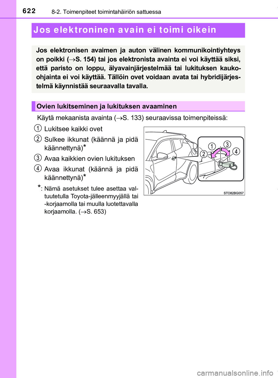 TOYOTA C-HR 2018  Omistajan Käsikirja (in Finnish) 6228-2. Toimenpiteet toimintahäiriön sattuessa
C-HR_HV_OM_Europe_OM10576FI
Jos elektroninen avain ei toimi oikein
Käytä mekaanista avainta (S. 133) seuraavissa toimenpiteissä:
Lukitsee kaikki 