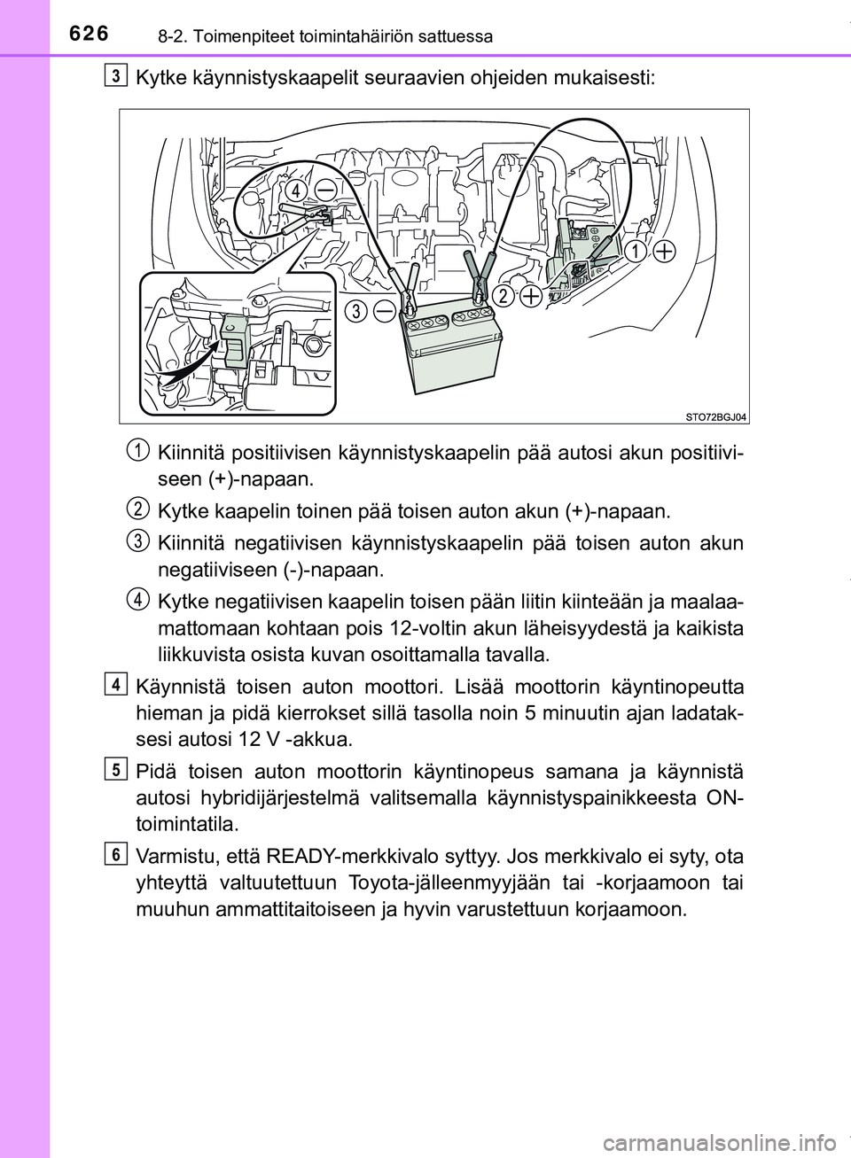 TOYOTA C-HR 2018  Omistajan Käsikirja (in Finnish) 6268-2. Toimenpiteet toimintahäiriön sattuessa
C-HR_HV_OM_Europe_OM10576FI
Kytke käynnistyskaapelit seuraavien ohjeiden mukaisesti:Kiinnitä positiivisen kä ynnistyskaapelin pää autosi akun posi