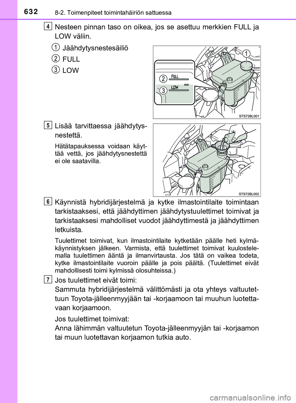 TOYOTA C-HR 2018  Omistajan Käsikirja (in Finnish) 6328-2. Toimenpiteet toimintahäiriön sattuessa
C-HR_HV_OM_Europe_OM10576FI
Nesteen pinnan taso on oikea, jos se asettuu merkkien FULL ja
LOW väliin.Jäähdytysnestesäiliö
FULL
LOW
Lisää tarvitt