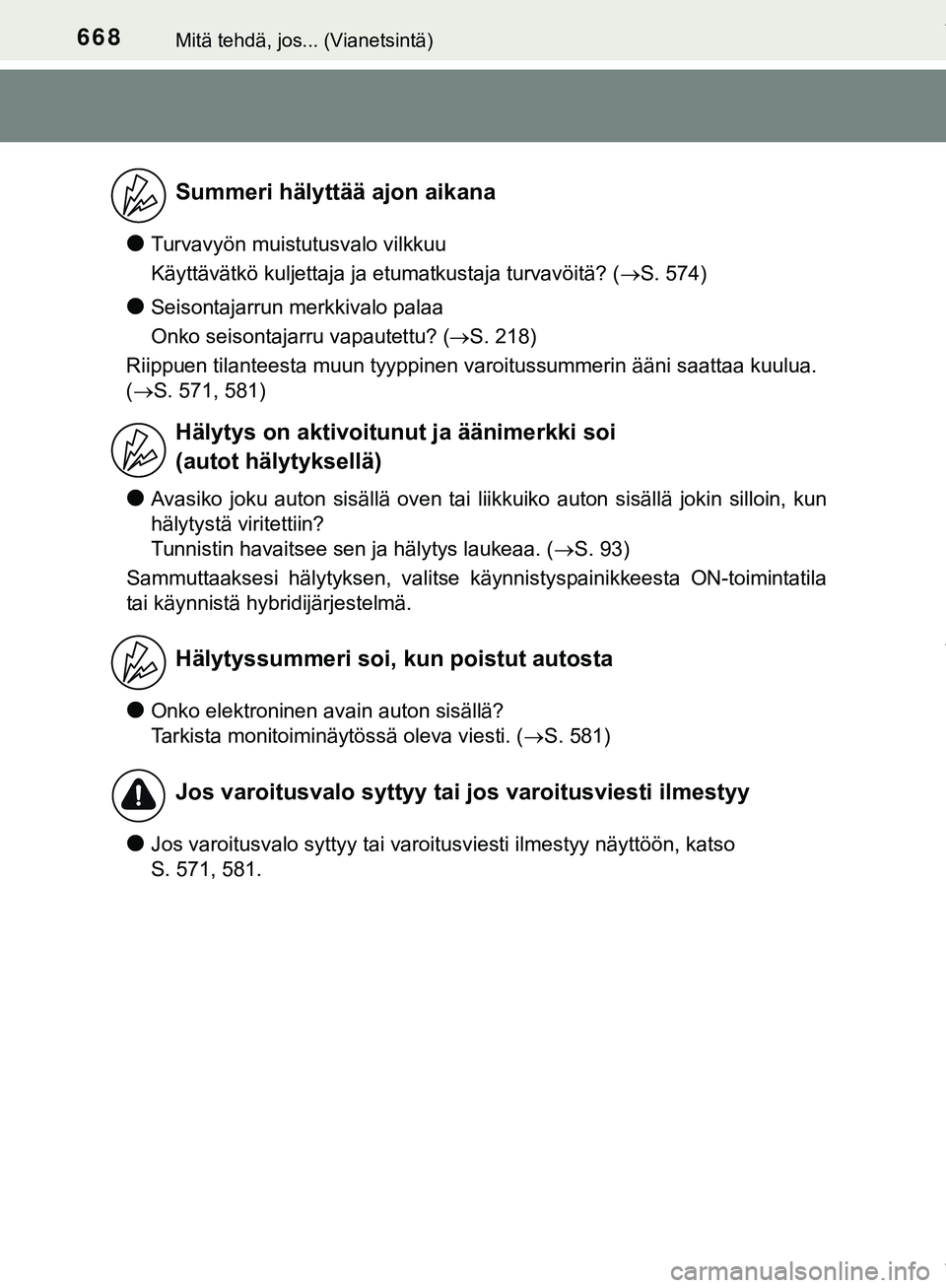 TOYOTA C-HR 2018  Omistajan Käsikirja (in Finnish) 668Mitä tehdä, jos... (Vianetsintä)
C-HR_HV_OM_Europe_OM10576FI
lTurvavyön muistutusvalo vilkkuu
Käyttävätkö kuljettaja ja etumatkustaja turvavöitä? (S. 574)
lSeisontajarrun merkkivalo pa