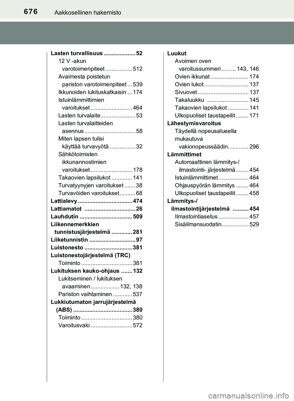 TOYOTA C-HR 2018  Omistajan Käsikirja (in Finnish) 676Aakkosellinen hakemisto
C-HR_HV_OM_Europe_OM10576FI
Lasten turvallisuus .................... 5212 V -akun 
varotoimenpiteet ................. 512
Avaimesta poistetun  pariston varotoimenpiteet ... 