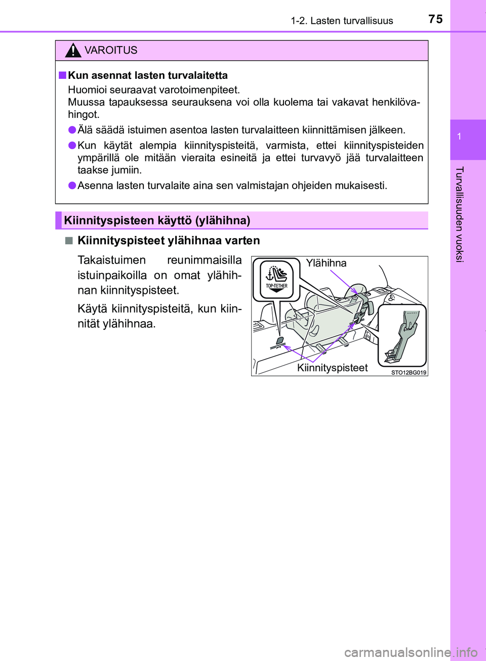 TOYOTA C-HR 2018  Omistajan Käsikirja (in Finnish) 751-2. Lasten turvallisuus
1
Turvallisuuden vuoksi
C-HR_HV_OM_Europe_OM10576FIn
Kiinnityspisteet ylähihnaa varten
Takaistuimen reunimmaisilla
istuinpaikoilla on omat ylähih-
nan kiinnityspisteet.
K