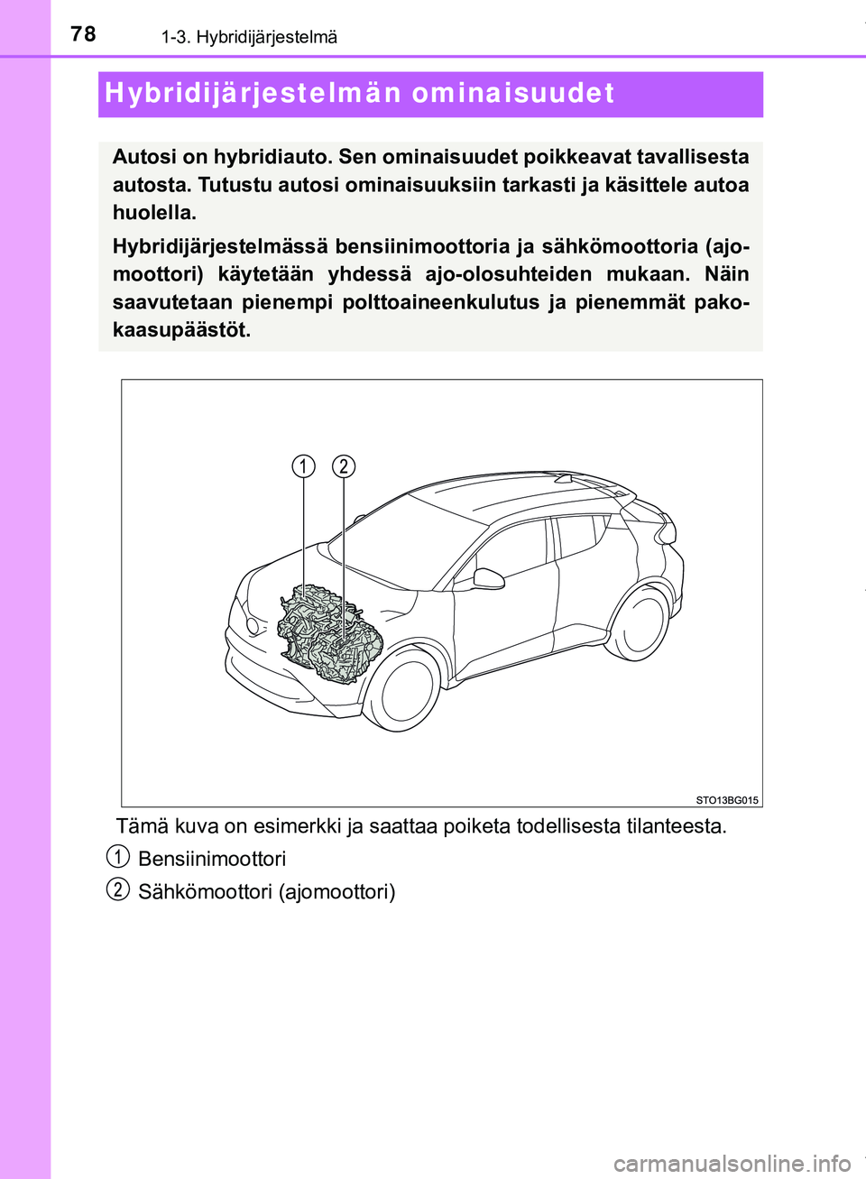 TOYOTA C-HR 2018  Omistajan Käsikirja (in Finnish) 781-3. Hybridijärjestelmä
C-HR_HV_OM_Europe_OM10576FI
Hybridijärjestelmän ominaisuudet
Tämä kuva on esimerkki ja saattaa poiketa todellisesta tilanteesta.
Bensiinimoottori
Sähkömoottori (ajomo