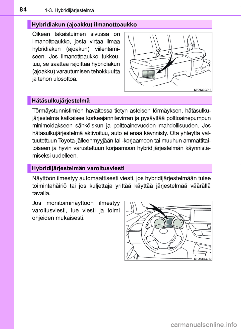 TOYOTA C-HR 2018  Omistajan Käsikirja (in Finnish) 841-3. Hybridijärjestelmä
C-HR_HV_OM_Europe_OM10576FI
Oikean takaistuimen sivussa on
ilmanottoaukko, josta virtaa ilmaa
hybridiakun (ajoakun) viilentämi-
seen. Jos ilmanottoaukko tukkeu-
tuu, se sa