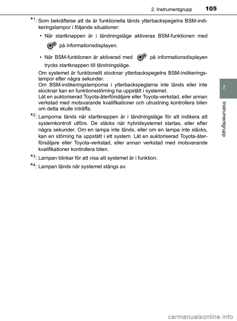 TOYOTA C-HR 2018 Bruksanvisningar (in Swedish) 1052. Instrumentgrupp
2
Instrumentgrupp
C-HR_HV_OM_Europe_OM10576SE
*1: Som bekräftelse att de är funktionella tänds ytterbackspegelns BSM-indi-
keringslampor i följande situationer:
• När star TOYOTA C-HR 2018 Bruksanvisningar (in Swedish) 1052. Instrumentgrupp
2
Instrumentgrupp
C-HR_HV_OM_Europe_OM10576SE
*1: Som bekräftelse att de är funktionella tänds ytterbackspegelns BSM-indi-
keringslampor i följande situationer:
• När star
