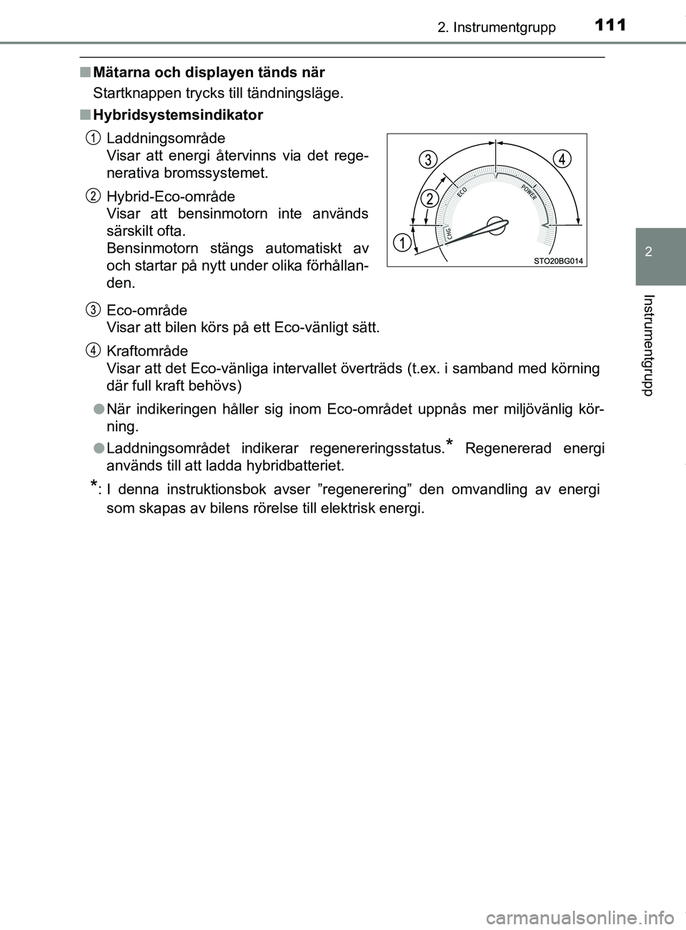 TOYOTA C-HR 2018 Bruksanvisningar (in Swedish) 1112. Instrumentgrupp
2
Instrumentgrupp
C-HR_HV_OM_Europe_OM10576SE
nMätarna och displayen tänds när
Startknappen trycks till tändningsläge.
n Hybridsystemsindikator
Eco-område
Visar att bilen TOYOTA C-HR 2018 Bruksanvisningar (in Swedish) 1112. Instrumentgrupp
2
Instrumentgrupp
C-HR_HV_OM_Europe_OM10576SE
nMätarna och displayen tänds när
Startknappen trycks till tändningsläge.
n Hybridsystemsindikator
Eco-område
Visar att bilen