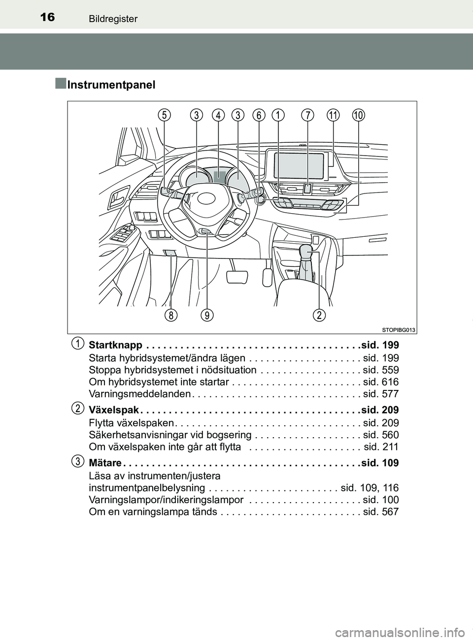 TOYOTA C-HR 2018  Bruksanvisningar (in Swedish) 16Bildregister
C-HR_HV_OM_Europe_OM10576SE
nInstrumentpanel
Startknapp  . . . . . . . . . . . . . . . . . . . . . . . . . . . . . . . . . . . . . . sid. 199
Starta hybridsystemet/ändra lägen  . . . 