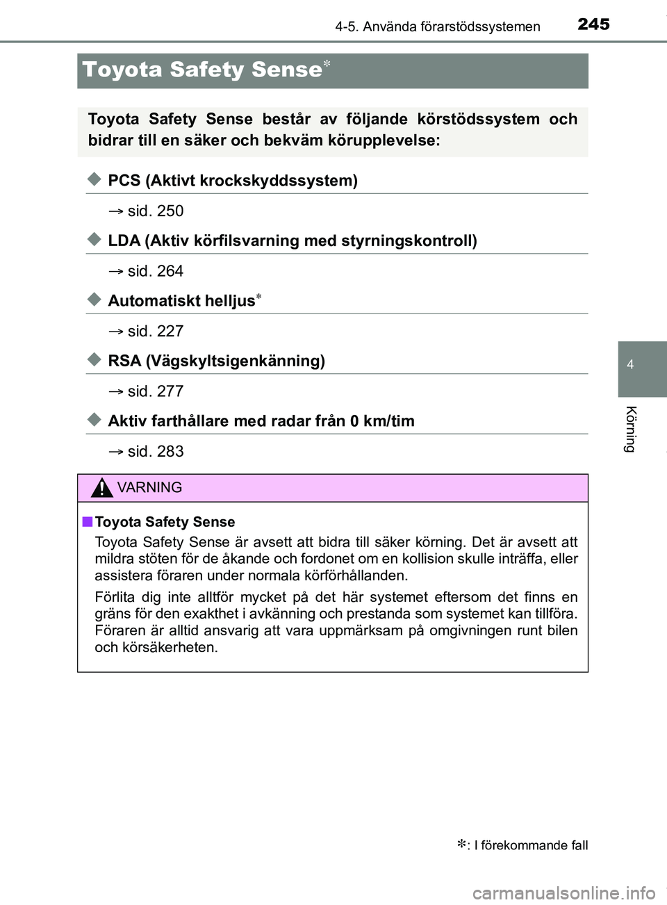TOYOTA C-HR 2018  Bruksanvisningar (in Swedish) 245
4
4-5. Använda förarstödssystemen
Körning
C-HR_HV_OM_Europe_OM10576SE
Toyota Safety Sense
uPCS (Aktivt krockskyddssystem)
sid. 250
uLDA (Aktiv körfilsvarning med styrningskontroll)
s