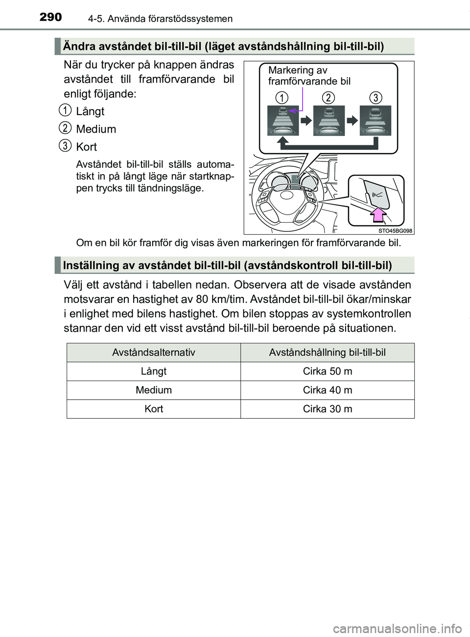 TOYOTA C-HR 2018 Bruksanvisningar (in Swedish) 2904-5. Använda förarstödssystemen
C-HR_HV_OM_Europe_OM10576SE
När du trycker på knappen ändras
avståndet till framförvarande bil
enligt följande:Långt
Medium
Kort
Avståndet bil-till-bil st TOYOTA C-HR 2018 Bruksanvisningar (in Swedish) 2904-5. Använda förarstödssystemen
C-HR_HV_OM_Europe_OM10576SE
När du trycker på knappen ändras
avståndet till framförvarande bil
enligt följande:Långt
Medium
Kort
Avståndet bil-till-bil st
