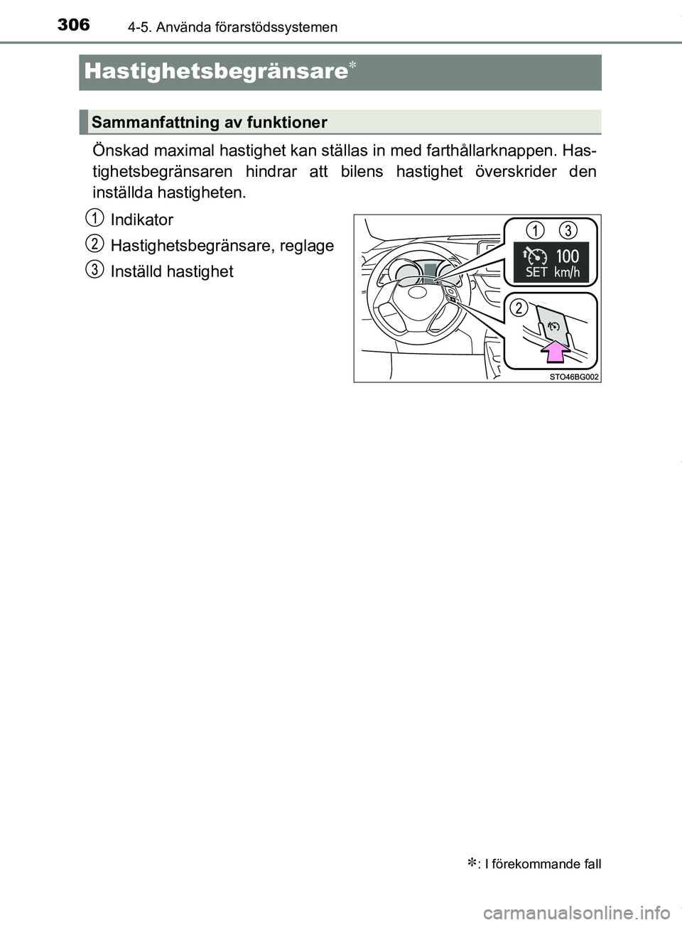 TOYOTA C-HR 2018 Bruksanvisningar (in Swedish) 3064-5. Använda förarstödssystemen
C-HR_HV_OM_Europe_OM10576SE
Hastighetsbegränsare
Önskad maximal hastighet kan ställas in med farthållarknappen. Has-
tighetsbegränsaren hindrar att bilens TOYOTA C-HR 2018 Bruksanvisningar (in Swedish) 3064-5. Använda förarstödssystemen
C-HR_HV_OM_Europe_OM10576SE
Hastighetsbegränsare
Önskad maximal hastighet kan ställas in med farthållarknappen. Has-
tighetsbegränsaren hindrar att bilens