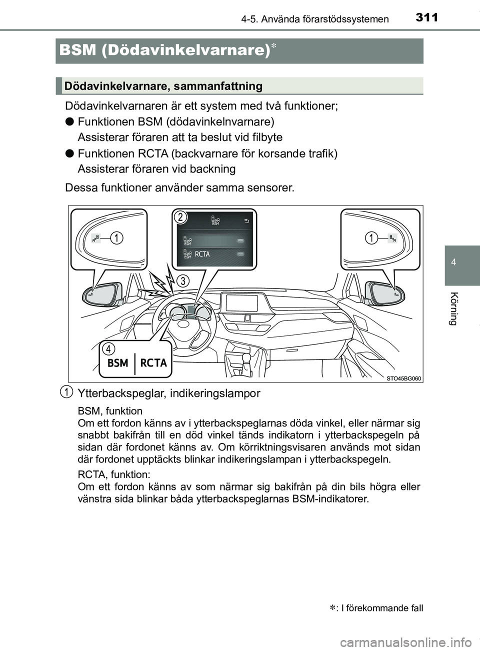TOYOTA C-HR 2018 Bruksanvisningar (in Swedish) 311
4
4-5. Använda förarstödssystemen
Körning
C-HR_HV_OM_Europe_OM10576SE
BSM (Dödavinkelvarnare)
Dödavinkelvarnaren är ett system med två funktioner;
lFunktionen BSM (dödavinkelnvarnare) TOYOTA C-HR 2018 Bruksanvisningar (in Swedish) 311
4
4-5. Använda förarstödssystemen
Körning
C-HR_HV_OM_Europe_OM10576SE
BSM (Dödavinkelvarnare)
Dödavinkelvarnaren är ett system med två funktioner;
lFunktionen BSM (dödavinkelnvarnare)