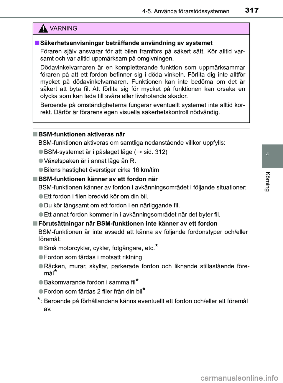 TOYOTA C-HR 2018 Bruksanvisningar (in Swedish) 3174-5. Använda förarstödssystemen
4
Körning
C-HR_HV_OM_Europe_OM10576SE
nBSM-funktionen aktiveras när
BSM-funktionen aktiveras om samtliga nedanstående villkor uppfylls:
lBSM-systemet är i på TOYOTA C-HR 2018 Bruksanvisningar (in Swedish) 3174-5. Använda förarstödssystemen
4
Körning
C-HR_HV_OM_Europe_OM10576SE
nBSM-funktionen aktiveras när
BSM-funktionen aktiveras om samtliga nedanstående villkor uppfylls:
lBSM-systemet är i på