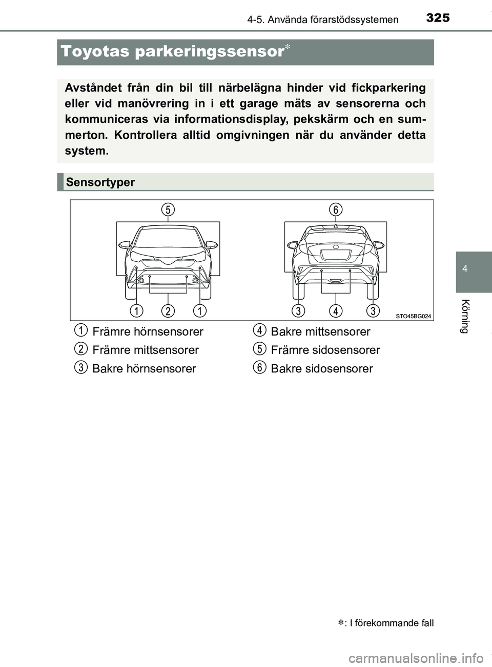 TOYOTA C-HR 2018  Bruksanvisningar (in Swedish) 325
4
4-5. Använda förarstödssystemen
Körning
C-HR_HV_OM_Europe_OM10576SE
Toyotas parkeringssensor
: I förekommande fall
Avståndet från din bil till närbelägna hinder vid fickparkering
