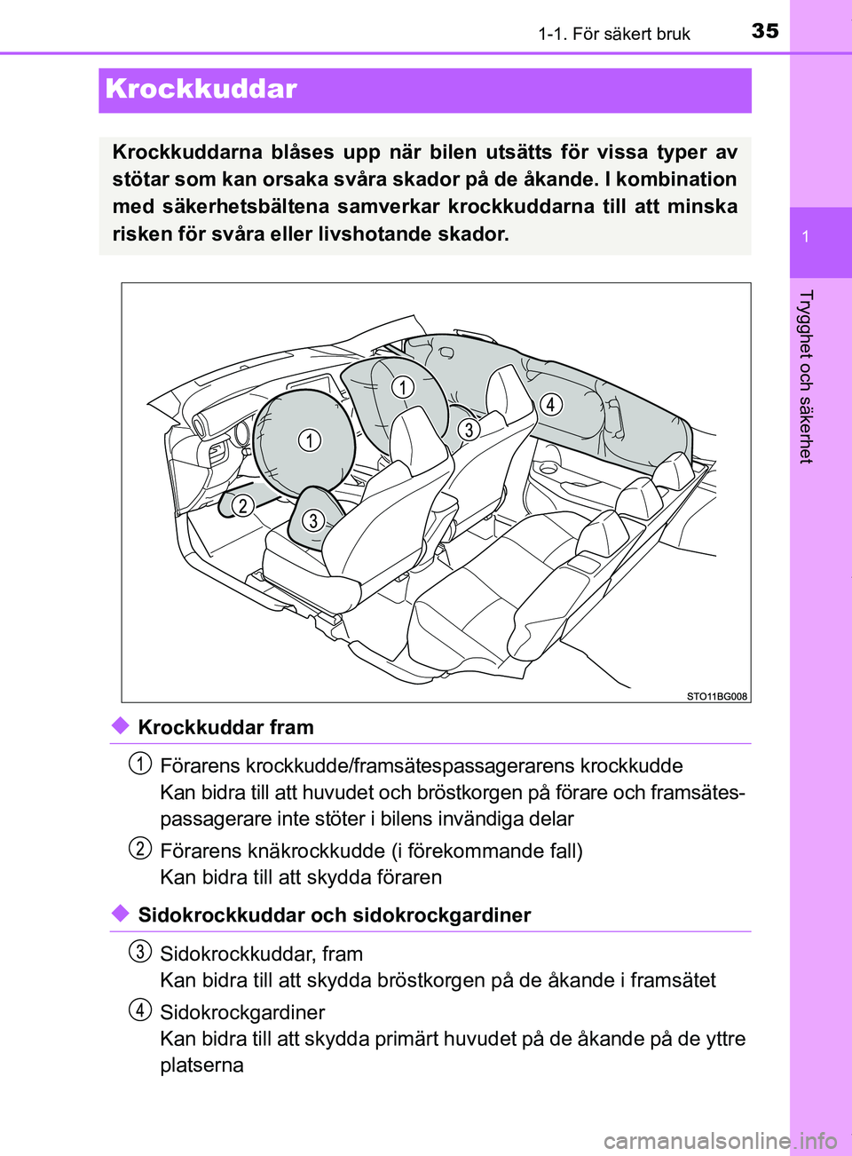 TOYOTA C-HR 2018  Bruksanvisningar (in Swedish) 351-1. För säkert bruk
1
Trygghet och säkerhet
C-HR_HV_OM_Europe_OM10576SE
Krockkuddar
uKrockkuddar framFörarens krockkudde/framsätespassagerarens krockkudde
Kan bidra till att huvudet och bröst