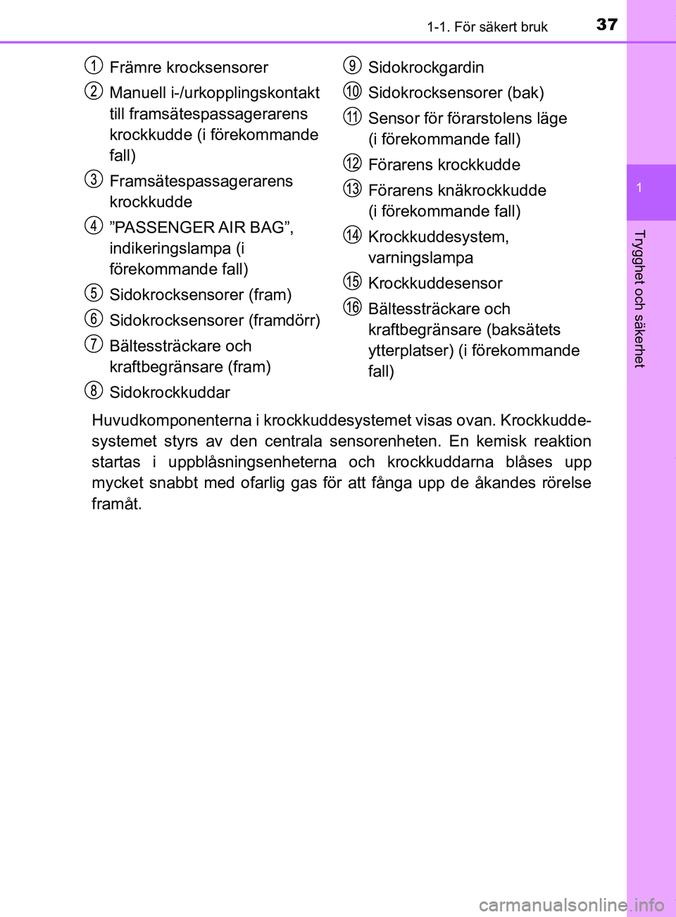 TOYOTA C-HR 2018  Bruksanvisningar (in Swedish) 371-1. För säkert bruk
1
Trygghet och säkerhet
C-HR_HV_OM_Europe_OM10576SE
Huvudkomponenterna i krockkuddesystemet visas ovan. Krockkudde-
systemet styrs av den centrala sensorenheten. En kemisk re