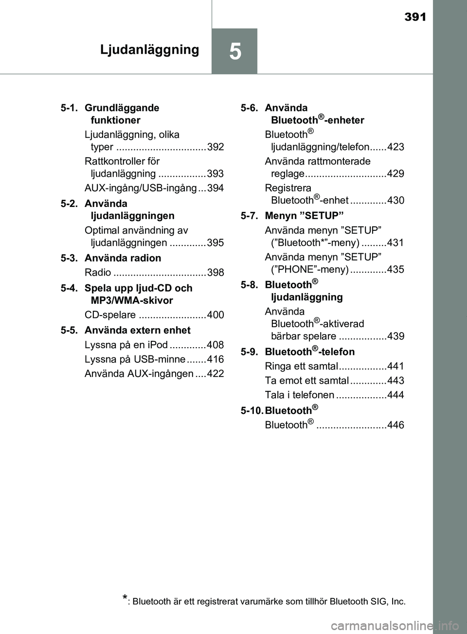 TOYOTA C-HR 2018 Bruksanvisningar (in Swedish) 391
5Ljudanläggning
C-HR_HV_OM_Europe_OM10576SE5-1. Grundläggande
funktioner
Ljudanläggning, olika typer ................................ 392
Rattkontroller för ljudanläggning ................ TOYOTA C-HR 2018 Bruksanvisningar (in Swedish) 391
5Ljudanläggning
C-HR_HV_OM_Europe_OM10576SE5-1. Grundläggande
funktioner
Ljudanläggning, olika typer ................................ 392
Rattkontroller för ljudanläggning ................