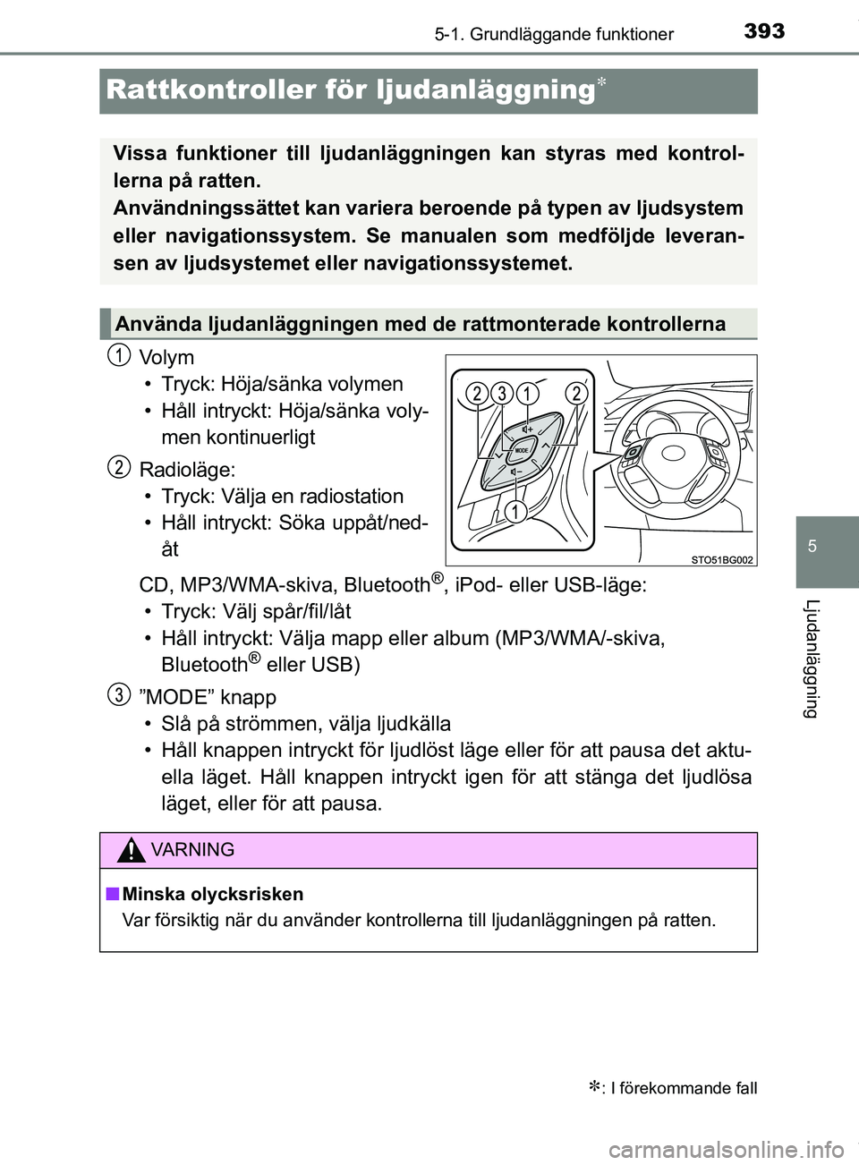 TOYOTA C-HR 2018 Bruksanvisningar (in Swedish) 393
5
5-1. Grundläggande funktioner
Ljudanläggning
C-HR_HV_OM_Europe_OM10576SE
Rattkontroller för ljudanläggning
Vo l y m
• Tryck: Höja/sänka volymen
• Håll intryckt: Höja/sänka voly- TOYOTA C-HR 2018 Bruksanvisningar (in Swedish) 393
5
5-1. Grundläggande funktioner
Ljudanläggning
C-HR_HV_OM_Europe_OM10576SE
Rattkontroller för ljudanläggning
Vo l y m
• Tryck: Höja/sänka volymen
• Håll intryckt: Höja/sänka voly-