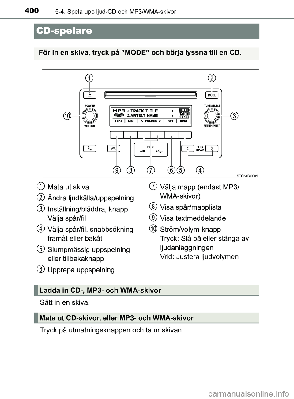 TOYOTA C-HR 2018 Bruksanvisningar (in Swedish) 4005-4. Spela upp ljud-CD och MP3/WMA-skivor
C-HR_HV_OM_Europe_OM10576SE
CD-spelare
Sätt in en skiva.
Tryck på utmatningsknappen och ta ur skivan.
För in en skiva, tryck på ”MODE” och börja l TOYOTA C-HR 2018 Bruksanvisningar (in Swedish) 4005-4. Spela upp ljud-CD och MP3/WMA-skivor
C-HR_HV_OM_Europe_OM10576SE
CD-spelare
Sätt in en skiva.
Tryck på utmatningsknappen och ta ur skivan.
För in en skiva, tryck på ”MODE” och börja l