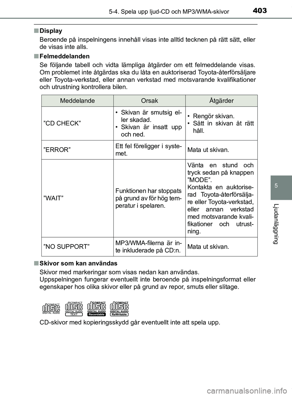 TOYOTA C-HR 2018 Bruksanvisningar (in Swedish) 4035-4. Spela upp ljud-CD och MP3/WMA-skivor
5
Ljudanläggning
C-HR_HV_OM_Europe_OM10576SE
nDisplay
Beroende på inspelningens innehåll visas inte alltid tecknen på rätt sätt, eller
de visas inte TOYOTA C-HR 2018 Bruksanvisningar (in Swedish) 4035-4. Spela upp ljud-CD och MP3/WMA-skivor
5
Ljudanläggning
C-HR_HV_OM_Europe_OM10576SE
nDisplay
Beroende på inspelningens innehåll visas inte alltid tecknen på rätt sätt, eller
de visas inte