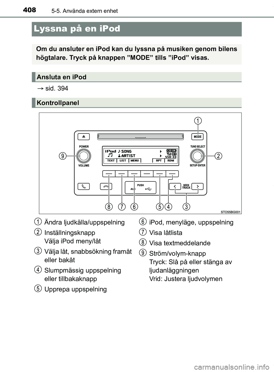 TOYOTA C-HR 2018 Bruksanvisningar (in Swedish) 4085-5. Använda extern enhet
C-HR_HV_OM_Europe_OM10576SE
Lyssna på en iPod
sid. 394
Om du ansluter en iPod kan du lyssna på musiken genom bilens
högtalare. Tryck på knappen ”MODE” tills TOYOTA C-HR 2018 Bruksanvisningar (in Swedish) 4085-5. Använda extern enhet
C-HR_HV_OM_Europe_OM10576SE
Lyssna på en iPod
sid. 394
Om du ansluter en iPod kan du lyssna på musiken genom bilens
högtalare. Tryck på knappen ”MODE” tills