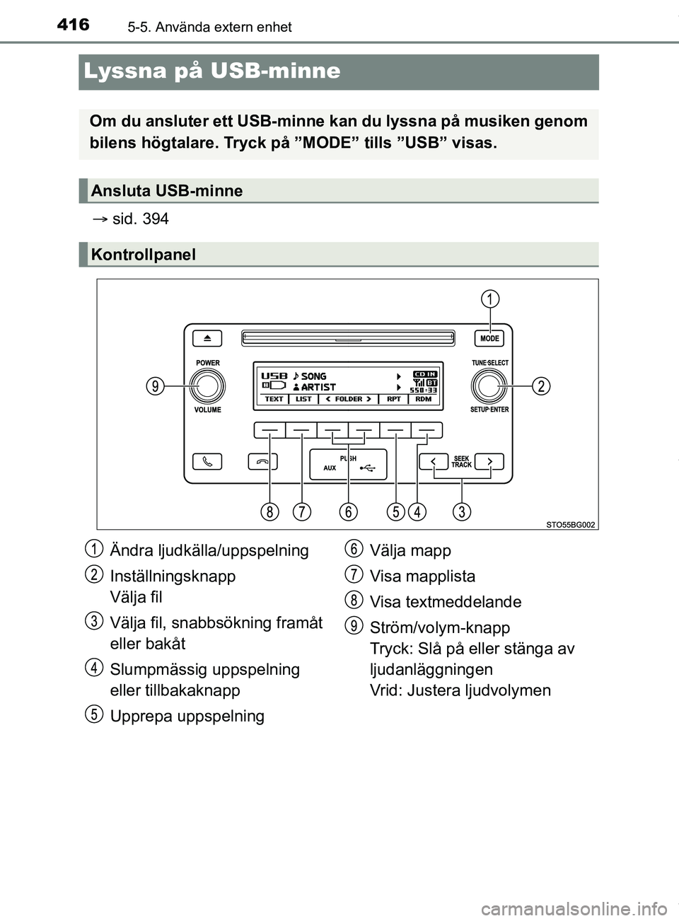 TOYOTA C-HR 2018 Bruksanvisningar (in Swedish) 4165-5. Använda extern enhet
C-HR_HV_OM_Europe_OM10576SE
Lyssna på USB-minne
sid. 394
Om du ansluter ett USB-minne kan du lyssna på musiken genom
bilens högtalare. Tryck på ”MODE” tills TOYOTA C-HR 2018 Bruksanvisningar (in Swedish) 4165-5. Använda extern enhet
C-HR_HV_OM_Europe_OM10576SE
Lyssna på USB-minne
sid. 394
Om du ansluter ett USB-minne kan du lyssna på musiken genom
bilens högtalare. Tryck på ”MODE” tills