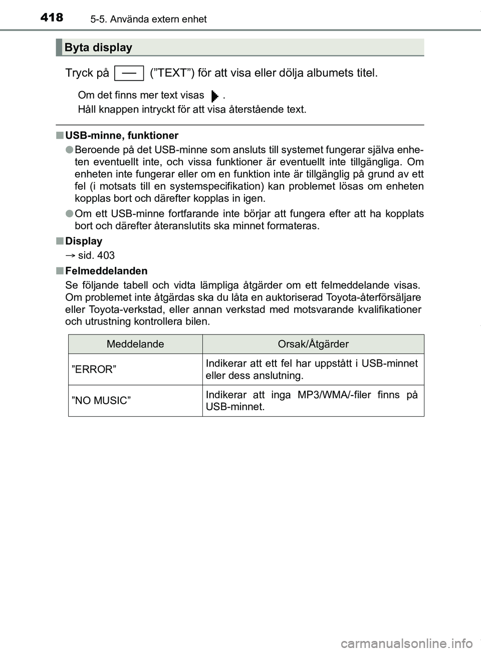TOYOTA C-HR 2018 Bruksanvisningar (in Swedish) 4185-5. Använda extern enhet
C-HR_HV_OM_Europe_OM10576SE
Tryck på (”TEXT”) för att visa eller dölja albumets titel.
Om det finns mer text visas .
Håll knappen intryckt för att visa åters TOYOTA C-HR 2018 Bruksanvisningar (in Swedish) 4185-5. Använda extern enhet
C-HR_HV_OM_Europe_OM10576SE
Tryck på (”TEXT”) för att visa eller dölja albumets titel.
Om det finns mer text visas .
Håll knappen intryckt för att visa åters