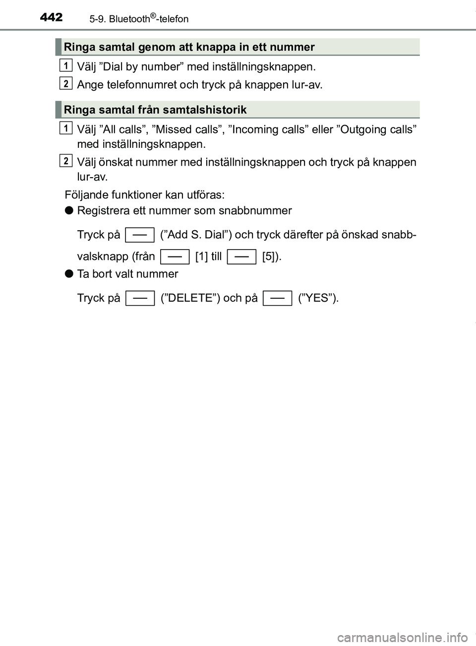 TOYOTA C-HR 2018  Bruksanvisningar (in Swedish) 4425-9. Bluetooth®-telefon
C-HR_HV_OM_Europe_OM10576SE
Välj ”Dial by number” med inställningsknappen.
Ange telefonnumret och tryck på knappen lur-av.
Välj ”All calls”, ”Missed calls”,