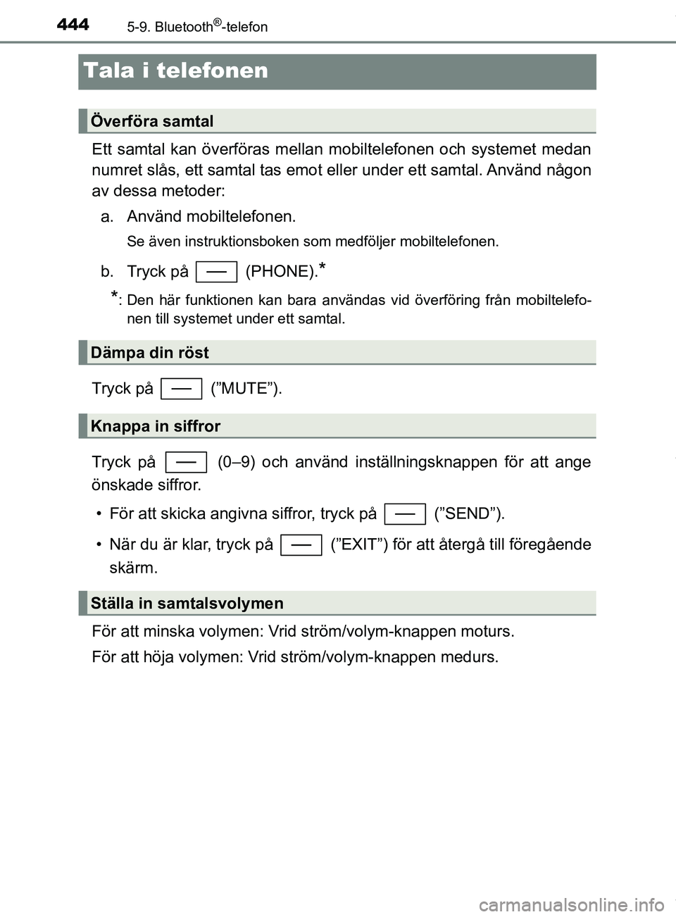 TOYOTA C-HR 2018  Bruksanvisningar (in Swedish) 4445-9. Bluetooth®-telefon
C-HR_HV_OM_Europe_OM10576SE
Tala i telefonen
Ett samtal kan överföras mellan mobiltelefonen och systemet medan
numret slås, ett samtal tas emot eller under ett samtal. A
