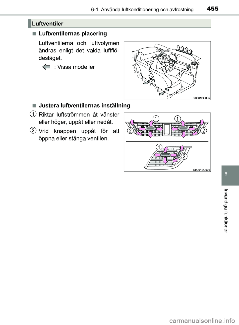 TOYOTA C-HR 2018  Bruksanvisningar (in Swedish) 4556-1. Använda luftkonditionering och avfrostning
C-HR_HV_OM_Europe_OM10576SE
6
Invändiga funktioner
nLuftventilernas placering
Luftventilerna och luftvolymen
ändras enligt det valda luftflö-
des