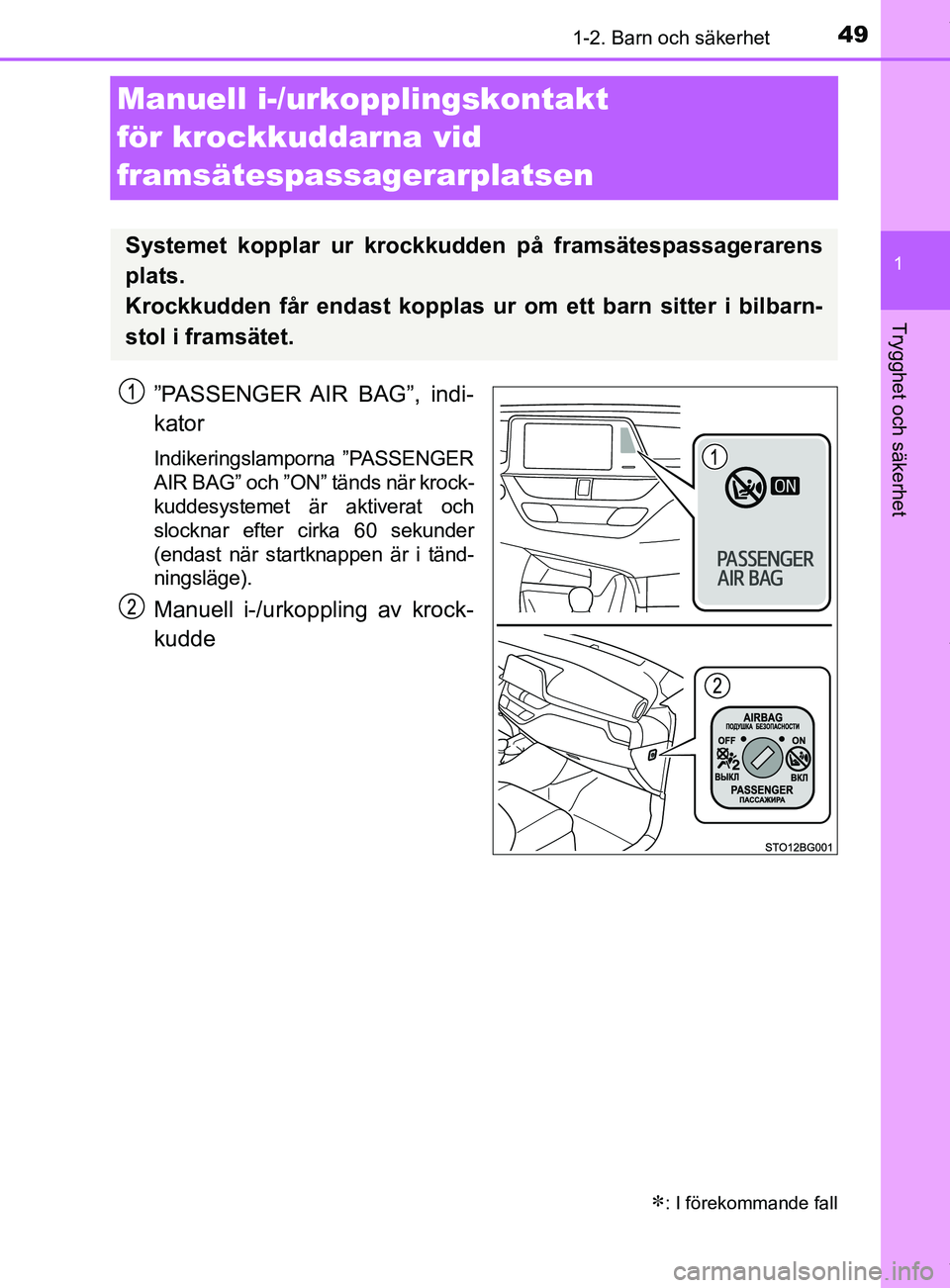 TOYOTA C-HR 2018  Bruksanvisningar (in Swedish) 491-2. Barn och säkerhet
1
Trygghet och säkerhet
C-HR_HV_OM_Europe_OM10576SE
Manuell i-/urkopplingskontakt 
för krockkuddarna vid 
framsätespassagerarplatsen
”PASSENGER AIR  BAG”,  indi-
kator