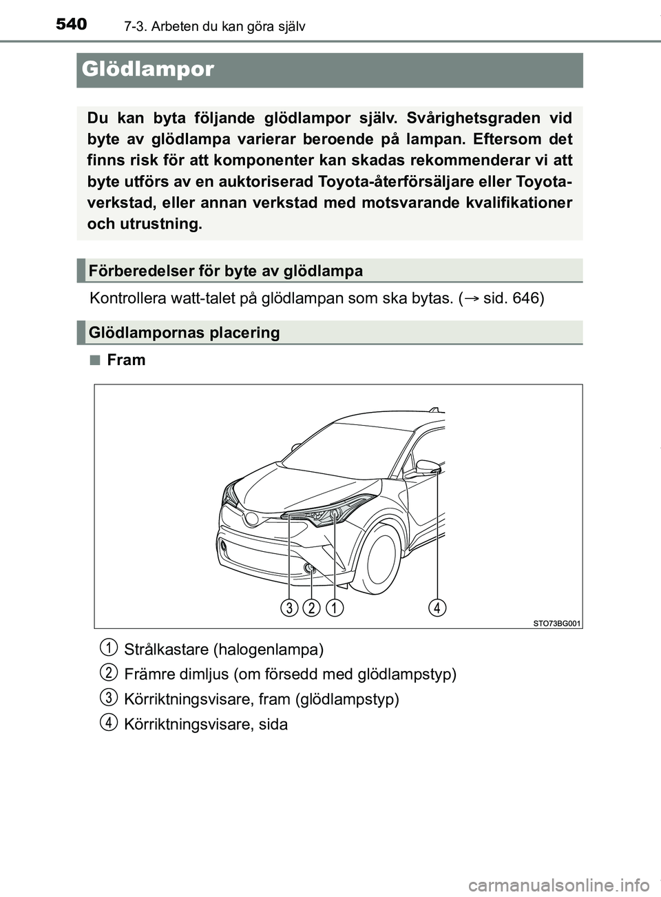 TOYOTA C-HR 2018 Bruksanvisningar (in Swedish) 5407-3. Arbeten du kan göra själv
C-HR_HV_OM_Europe_OM10576SE
Glödlampor
Kontrollera watt-talet på glödlampan som ska bytas. (sid. 646)
nFram
Du kan byta följande glödlampor själv. Svårig TOYOTA C-HR 2018 Bruksanvisningar (in Swedish) 5407-3. Arbeten du kan göra själv
C-HR_HV_OM_Europe_OM10576SE
Glödlampor
Kontrollera watt-talet på glödlampan som ska bytas. (sid. 646)
nFram
Du kan byta följande glödlampor själv. Svårig