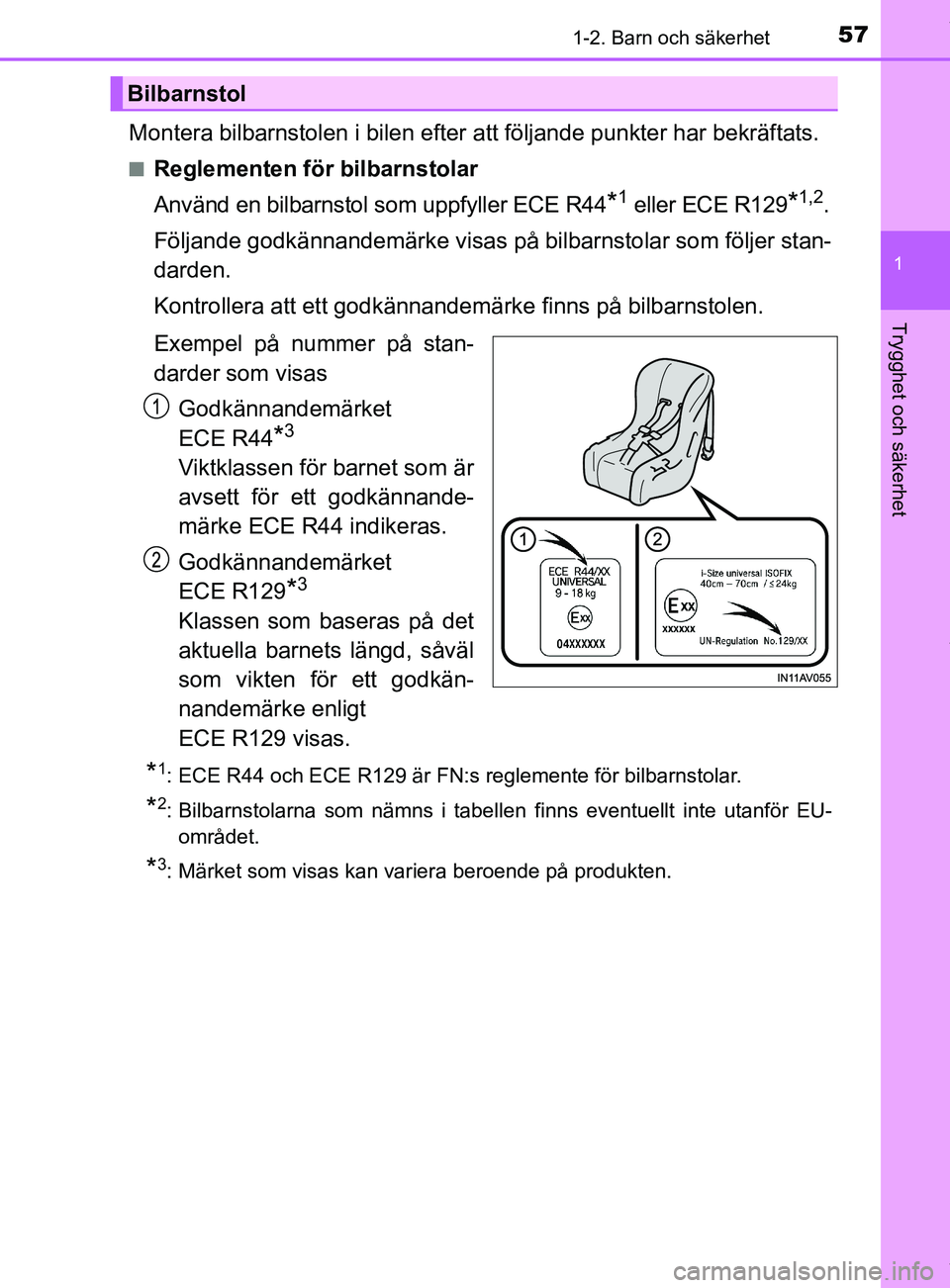 TOYOTA C-HR 2018  Bruksanvisningar (in Swedish) 571-2. Barn och säkerhet
1
Trygghet och säkerhet
C-HR_HV_OM_Europe_OM10576SE
Montera bilbarnstolen i bilen efter att följande punkter har bekräftats.
nReglementen för bilbarnstolar
Använd en bil