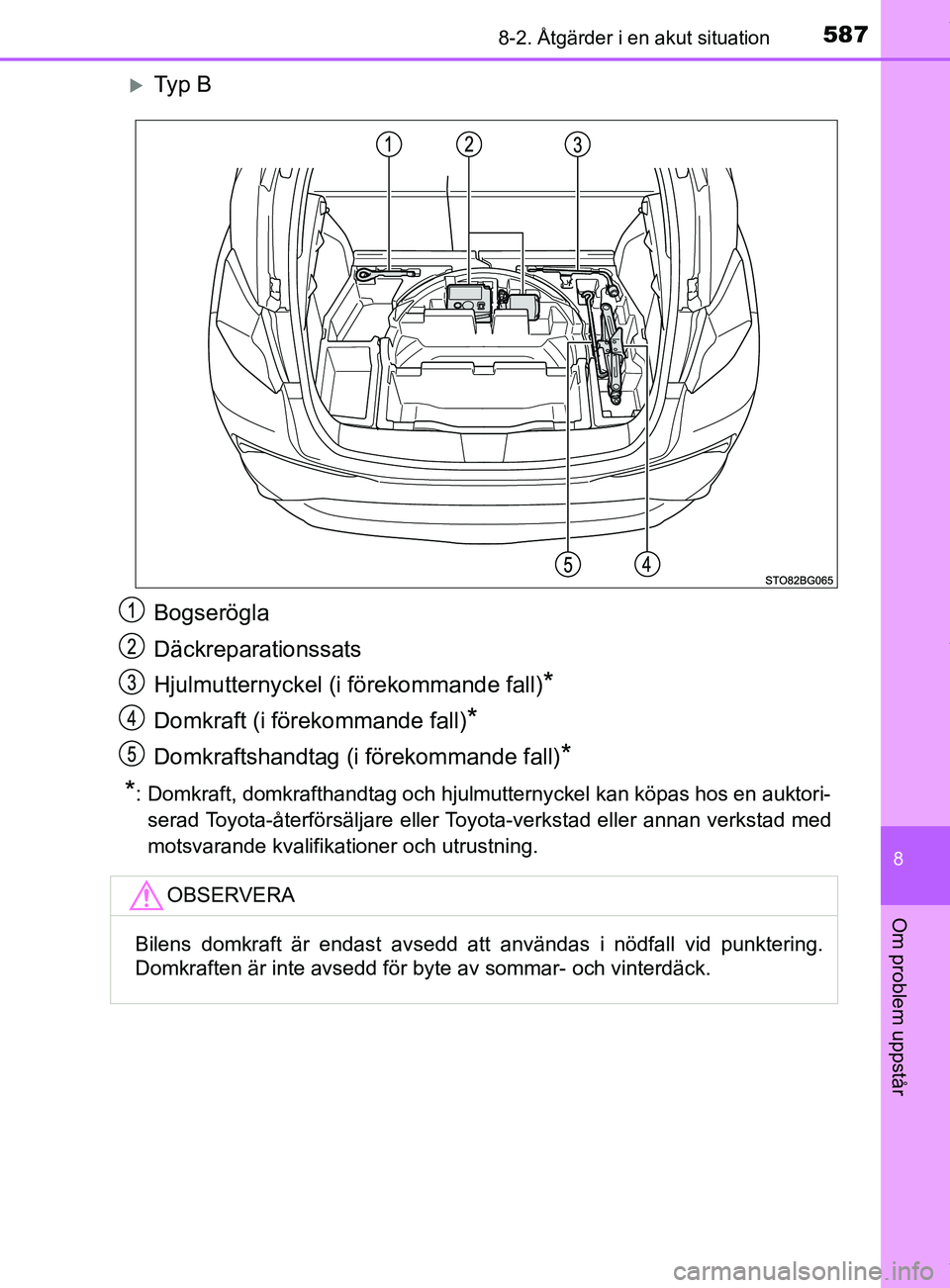 TOYOTA C-HR 2018 Bruksanvisningar (in Swedish) 5878-2. Åtgärder i en akut situation
C-HR_HV_OM_Europe_OM10576SE
8
Om problem uppstår
Ty p B
Bogserögla
Däckreparationssats
Hjulmutternyckel (i förekommande fall)
*
Domkraft (i förekommande TOYOTA C-HR 2018 Bruksanvisningar (in Swedish) 5878-2. Åtgärder i en akut situation
C-HR_HV_OM_Europe_OM10576SE
8
Om problem uppstår
Ty p B
Bogserögla
Däckreparationssats
Hjulmutternyckel (i förekommande fall)
*
Domkraft (i förekommande