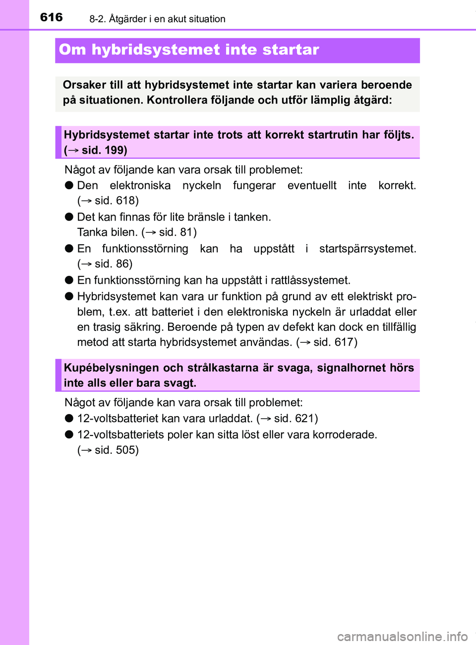TOYOTA C-HR 2018 Bruksanvisningar (in Swedish) 6168-2. Åtgärder i en akut situation
C-HR_HV_OM_Europe_OM10576SE
Om hybridsystemet inte startar
Något av följande kan vara orsak till problemet:
l Den elektroniska nyckeln fungerar eventuellt inte TOYOTA C-HR 2018 Bruksanvisningar (in Swedish) 6168-2. Åtgärder i en akut situation
C-HR_HV_OM_Europe_OM10576SE
Om hybridsystemet inte startar
Något av följande kan vara orsak till problemet:
l Den elektroniska nyckeln fungerar eventuellt inte