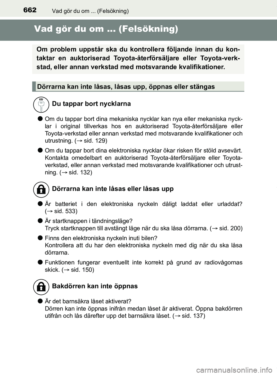 TOYOTA C-HR 2018 Bruksanvisningar (in Swedish) 662Vad gör du om ... (Felsökning)
C-HR_HV_OM_Europe_OM10576SE
Vad gör du om ... (Felsökning)
lOm du tappar bort dina mekaniska nycklar kan nya eller mekaniska nyck-
lar i original tillverkas hos e TOYOTA C-HR 2018 Bruksanvisningar (in Swedish) 662Vad gör du om ... (Felsökning)
C-HR_HV_OM_Europe_OM10576SE
Vad gör du om ... (Felsökning)
lOm du tappar bort dina mekaniska nycklar kan nya eller mekaniska nyck-
lar i original tillverkas hos e
