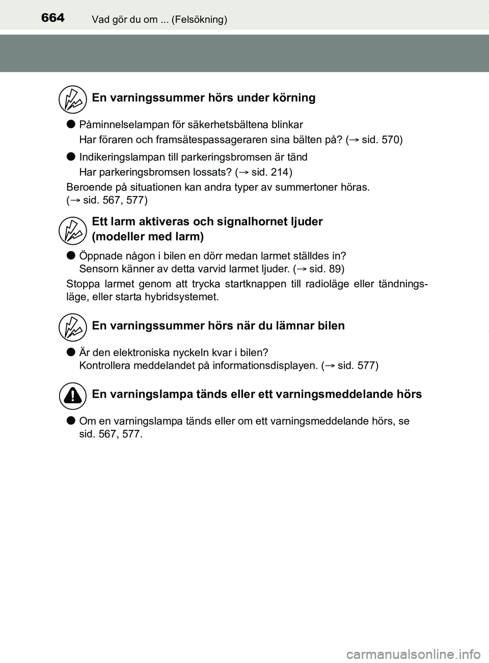 TOYOTA C-HR 2018 Bruksanvisningar (in Swedish) 664Vad gör du om ... (Felsökning)
C-HR_HV_OM_Europe_OM10576SE
lPåminnelselampan för säkerhetsbältena blinkar
Har föraren och framsätespassageraren sina bälten på? (sid. 570)
lIndikeringsl TOYOTA C-HR 2018 Bruksanvisningar (in Swedish) 664Vad gör du om ... (Felsökning)
C-HR_HV_OM_Europe_OM10576SE
lPåminnelselampan för säkerhetsbältena blinkar
Har föraren och framsätespassageraren sina bälten på? (sid. 570)
lIndikeringsl