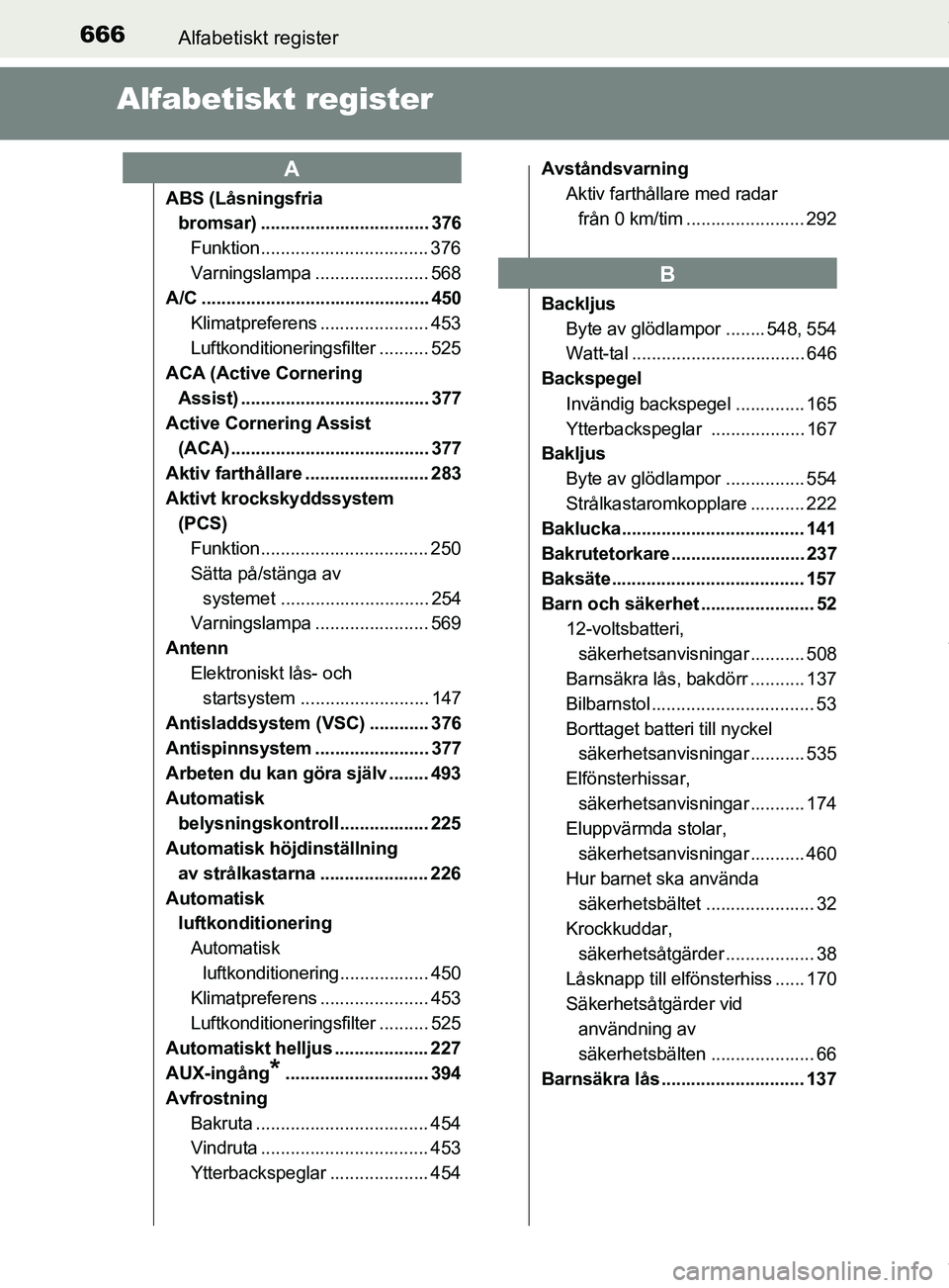 TOYOTA C-HR 2018 Bruksanvisningar (in Swedish) 666Alfabetiskt register
C-HR_HV_OM_Europe_OM10576SE
Alfabetiskt register
ABS (Låsningsfria bromsar) .................................. 376
Funktion.................................. 376
Varningslampa TOYOTA C-HR 2018 Bruksanvisningar (in Swedish) 666Alfabetiskt register
C-HR_HV_OM_Europe_OM10576SE
Alfabetiskt register
ABS (Låsningsfria bromsar) .................................. 376
Funktion.................................. 376
Varningslampa