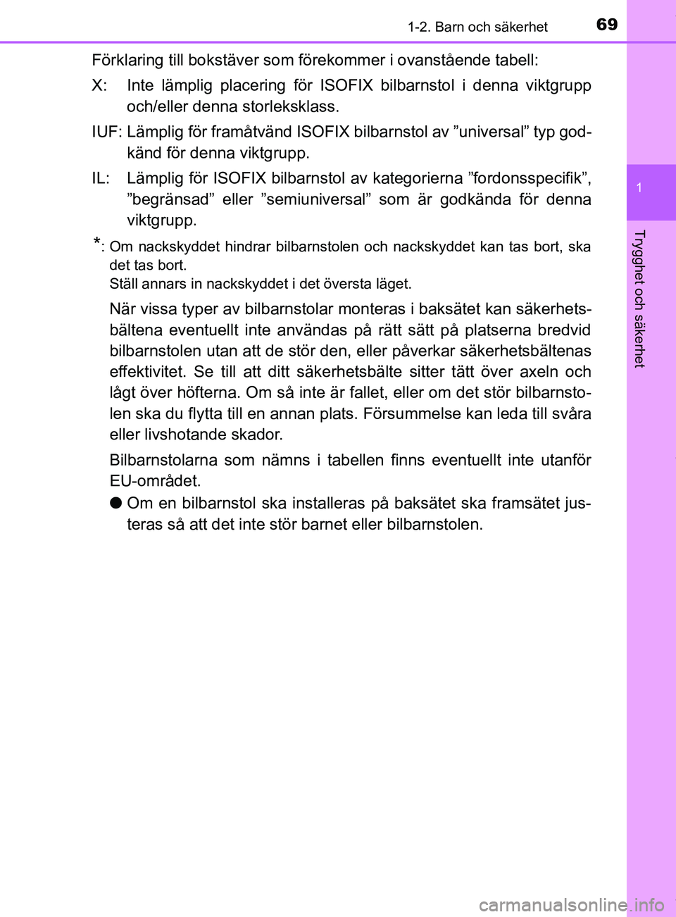 TOYOTA C-HR 2018  Bruksanvisningar (in Swedish) 691-2. Barn och säkerhet
1
Trygghet och säkerhet
C-HR_HV_OM_Europe_OM10576SE
Förklaring till bokstäver som förekommer i ovanstående tabell:
X: Inte lämplig placering för ISOFIX bilbarnstol i d