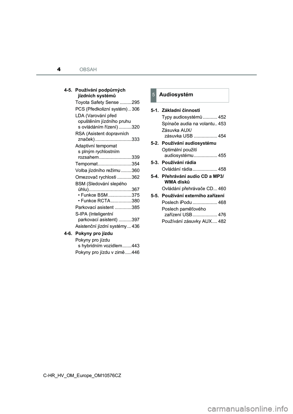 TOYOTA C-HR 2018  Návod na použití (in Czech) OBSAH4
C-HR_HV_OM_Europe_OM10576CZ4-5. Používání podpůrných 
jízdních systémů
Toyota Safety Sense .........295
PCS (Předkolizní systém) .. 306
LDA (Varování před 
opuštěním jízdní