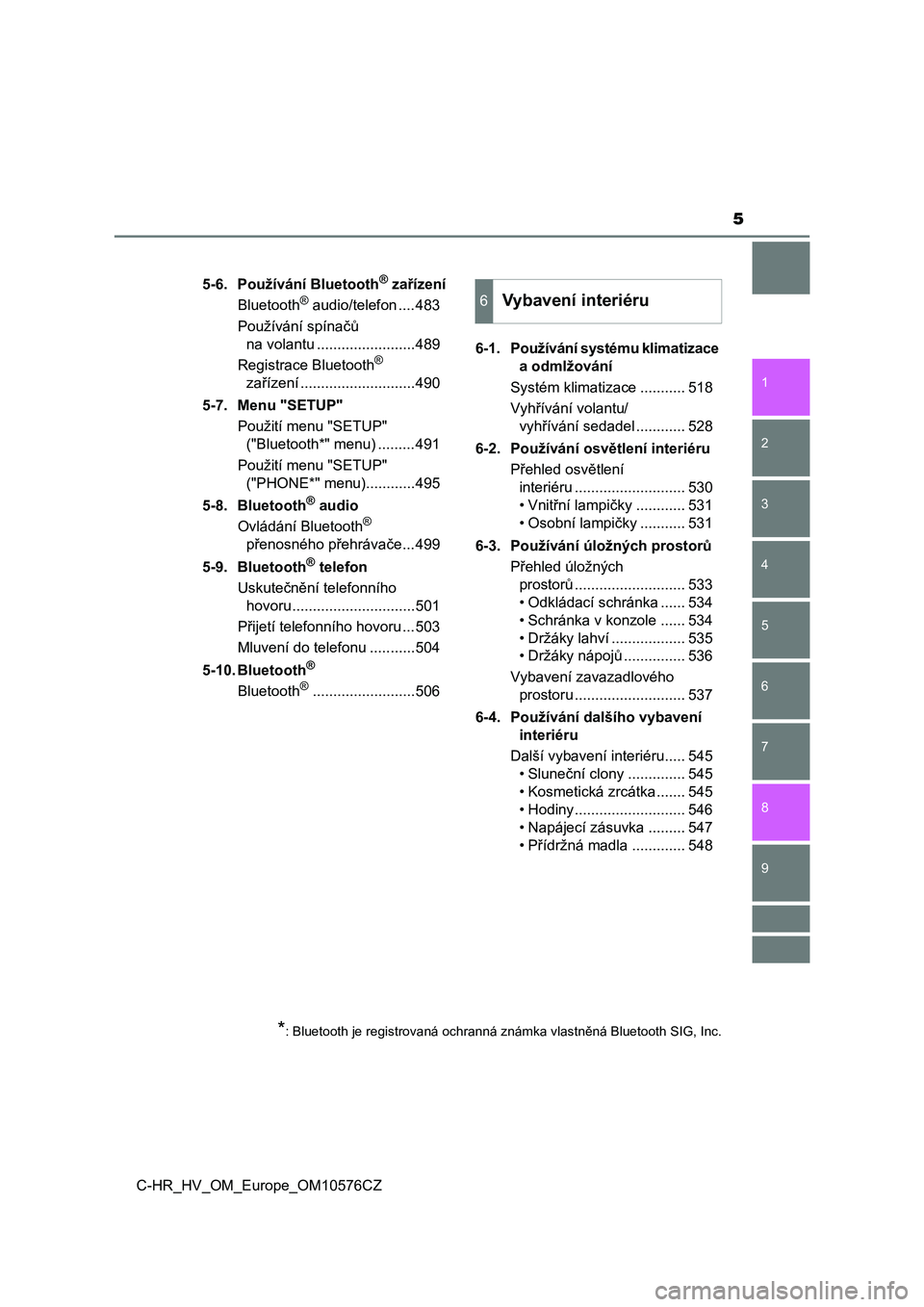 TOYOTA C-HR 2018  Návod na použití (in Czech) 5
1
6 5
4
3
2
C-HR_HV_OM_Europe_OM10576CZ
9
8
7
5-6. Používání Bluetooth® zařízení
Bluetooth® audio/telefon ....483
Používání spínačů 
na volantu ........................489
Registrace