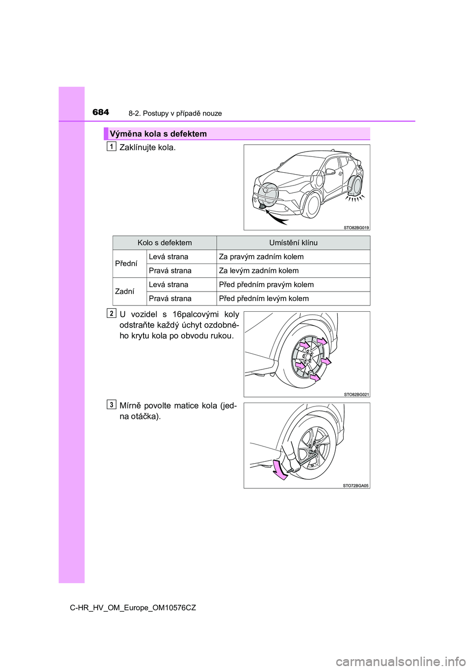TOYOTA C-HR 2018 Návod na použití (in Czech) 6848-2. Postupy v případě nouze
C-HR_HV_OM_Europe_OM10576CZ
Zaklínujte kola.
U vozidel s 16palcovými koly
odstraňte každý úchyt ozdobné-
ho krytu kola po obvodu rukou.
Mírně povolte TOYOTA C-HR 2018 Návod na použití (in Czech) 6848-2. Postupy v případě nouze
C-HR_HV_OM_Europe_OM10576CZ
Zaklínujte kola.
U vozidel s 16palcovými koly
odstraňte každý úchyt ozdobné-
ho krytu kola po obvodu rukou.
Mírně povolte