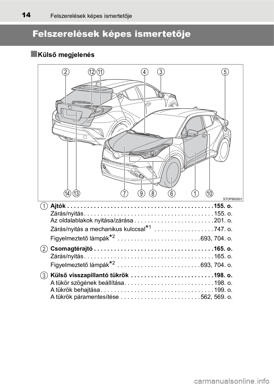 TOYOTA C-HR 2017 Kezelési útmutató (in Hungarian) 14Felszerelések képes ismertetője
Felszerelések képes ismertetője
n
Külső megjelenés
Ajtók . . . . . . . . . . . . . . . . . . . . . . . . . . . . . . . . . . . . . . . . . . . . 155. o.
Zá TOYOTA C-HR 2017 Kezelési útmutató (in Hungarian) 14Felszerelések képes ismertetője
Felszerelések képes ismertetője
n
Külső megjelenés
Ajtók . . . . . . . . . . . . . . . . . . . . . . . . . . . . . . . . . . . . . . . . . . . . 155. o.
Zá