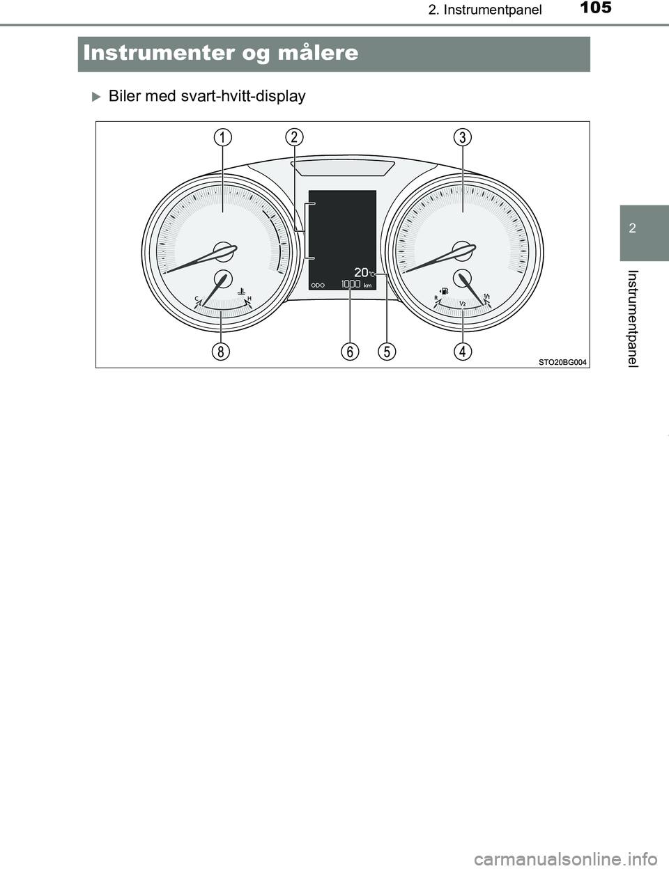 TOYOTA C-HR 2017 Instruksjoner for bruk (in Norwegian) 105
2
2. Instrumentpanel
Instrumentpanel
C-HR_OM_Europe_OM10528NO
Instrumenter og målere
Biler med svart-hvitt-display
OM10528NO.book Page 105 Tuesday, February 28, 2017 9:45 AM TOYOTA C-HR 2017 Instruksjoner for bruk (in Norwegian) 105
2
2. Instrumentpanel
Instrumentpanel
C-HR_OM_Europe_OM10528NO
Instrumenter og målere
Biler med svart-hvitt-display
OM10528NO.book Page 105 Tuesday, February 28, 2017 9:45 AM