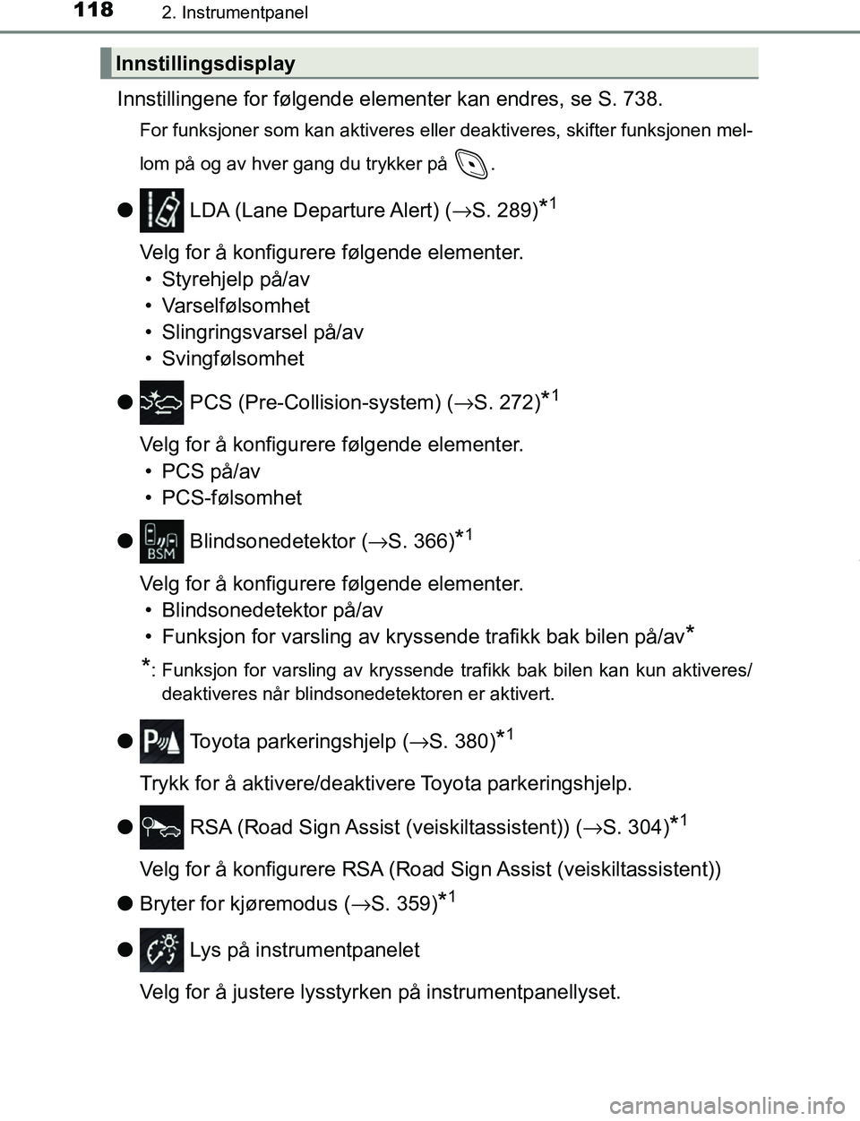 TOYOTA C-HR 2017 Instruksjoner for bruk (in Norwegian) 1182. Instrumentpanel
C-HR_OM_Europe_OM10528NO
Innstillingene for følgende elementer kan endres, se S. 738.
For funksjoner som kan aktiveres eller deaktiveres, skifter funksjonen mel-
lom på og av h TOYOTA C-HR 2017 Instruksjoner for bruk (in Norwegian) 1182. Instrumentpanel
C-HR_OM_Europe_OM10528NO
Innstillingene for følgende elementer kan endres, se S. 738.
For funksjoner som kan aktiveres eller deaktiveres, skifter funksjonen mel-
lom på og av h