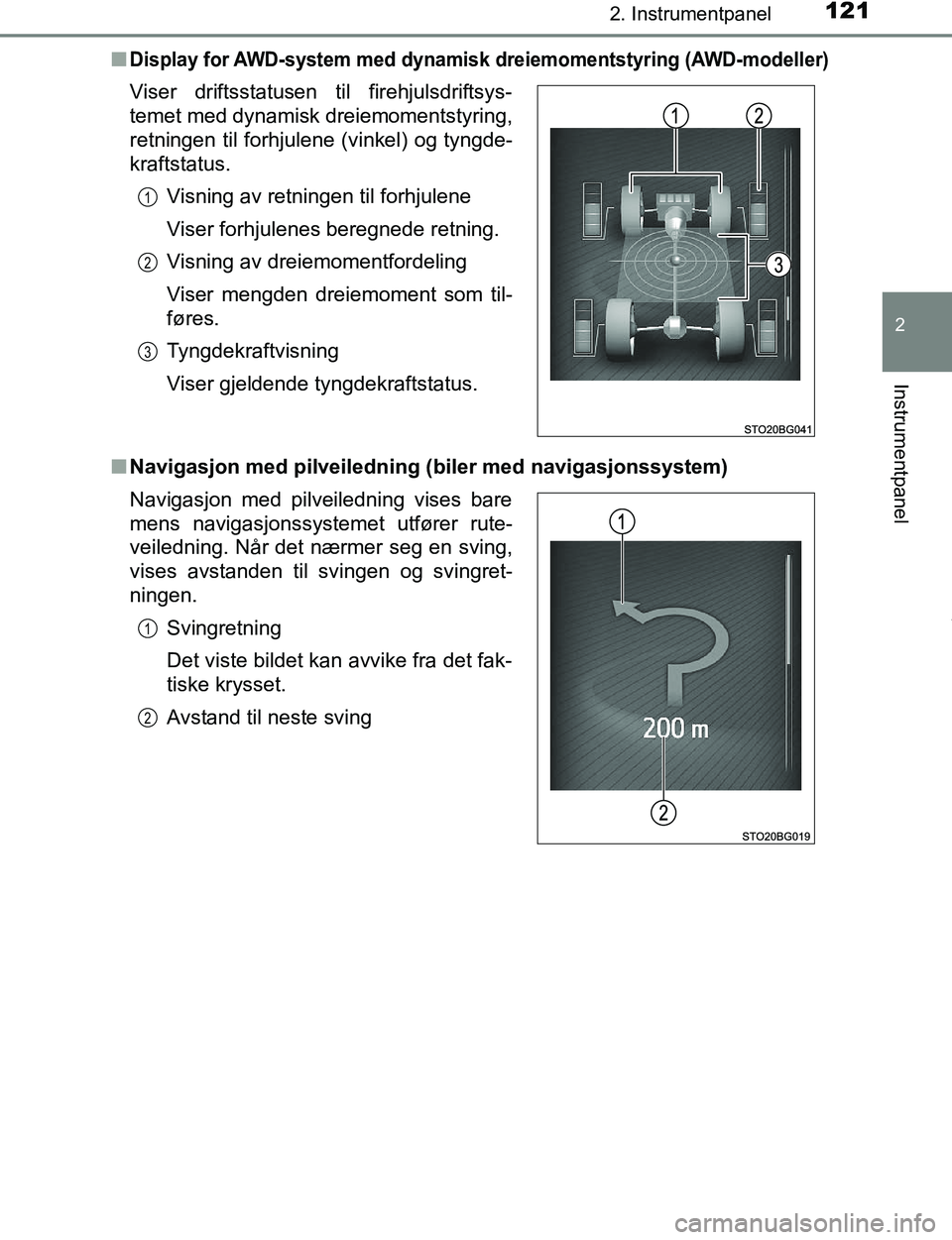 TOYOTA C-HR 2017  Instruksjoner for bruk (in Norwegian) 1212. Instrumentpanel
2
Instrumentpanel
C-HR_OM_Europe_OM10528NOn
Display for AWD-system med dynamisk dreiemomentstyring (AWD-modeller)
n
Navigasjon med pilveiledning (biler med navigasjonssystem) Vis