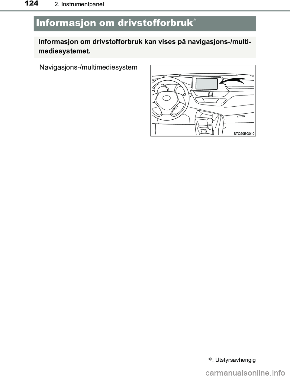 TOYOTA C-HR 2017  Instruksjoner for bruk (in Norwegian) 1242. Instrumentpanel
C-HR_OM_Europe_OM10528NO
Informasjon om drivstofforbruk∗
Navigasjons-/multimediesystem
∗: Utstyrsavhengig
Informasjon om drivstofforbruk kan vises på navigasjons-/multi-
med