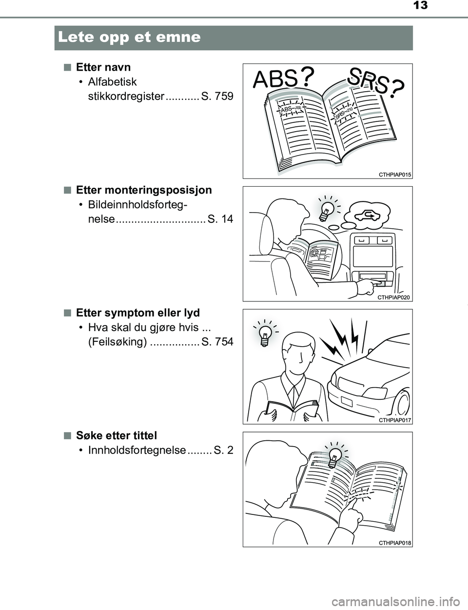 TOYOTA C-HR 2017 Instruksjoner for bruk (in Norwegian) 13
C-HR_OM_Europe_OM10528NO
Lete opp et emne
nEtter navn• Alfabetisk stikkordregister ........... S. 759
nEtter monteringsposisjon• Bildeinnholdsforteg- nelse............................. S. 14
n TOYOTA C-HR 2017 Instruksjoner for bruk (in Norwegian) 13
C-HR_OM_Europe_OM10528NO
Lete opp et emne
nEtter navn• Alfabetisk stikkordregister ........... S. 759
nEtter monteringsposisjon• Bildeinnholdsforteg- nelse............................. S. 14
n