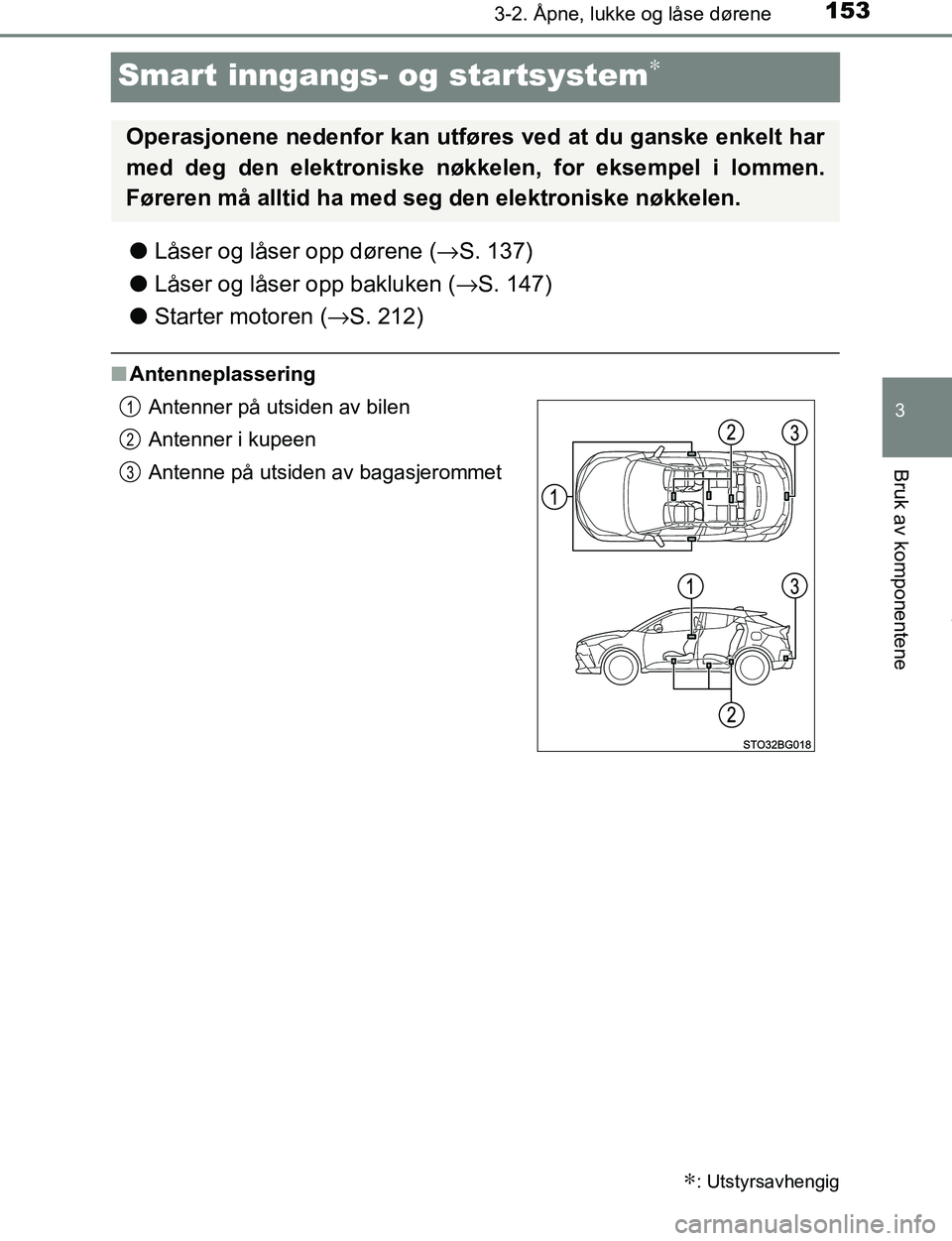TOYOTA C-HR 2017  Instruksjoner for bruk (in Norwegian) 153
3
3-2. Åpne, lukke og låse dørene
Bruk av komponentene
C-HR_OM_Europe_OM10528NO
Smart inngangs- og startsystem∗
lLåser og låser opp dørene ( →S. 137)
l Låser og låser opp bakluken (→