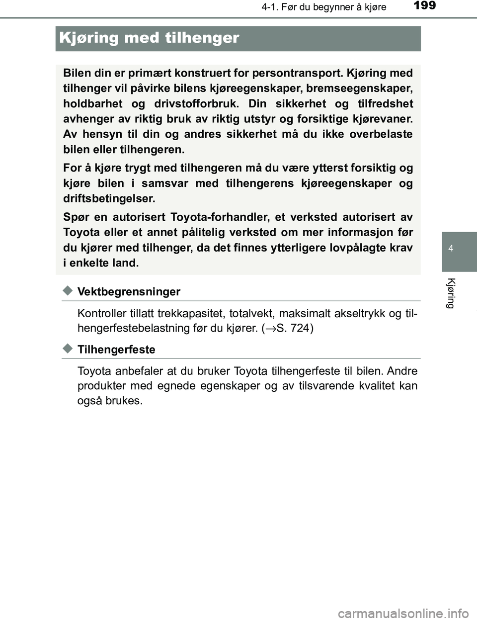 TOYOTA C-HR 2017 Instruksjoner for bruk (in Norwegian) 199
4
4-1. Før du begynner å kjøre
Kjøring
C-HR_OM_Europe_OM10528NO
Kjøring med tilhenger
uVektbegrensninger
Kontroller tillatt trekkapasitet, totalvekt, maksimalt akseltrykk og til-
hengerfesteb TOYOTA C-HR 2017 Instruksjoner for bruk (in Norwegian) 199
4
4-1. Før du begynner å kjøre
Kjøring
C-HR_OM_Europe_OM10528NO
Kjøring med tilhenger
uVektbegrensninger
Kontroller tillatt trekkapasitet, totalvekt, maksimalt akseltrykk og til-
hengerfesteb